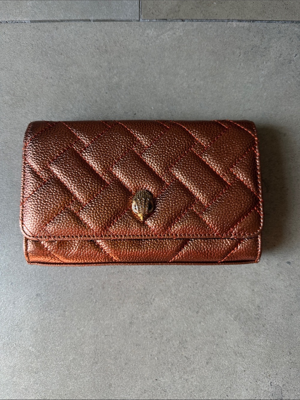 Kurt Geiger Metallic Copper Quilted Wallet with gold chain removable strap